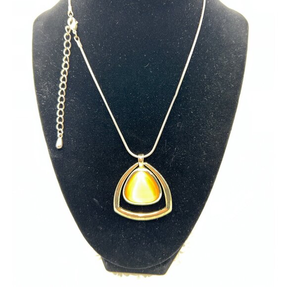 Triangular Pendant Necklace With Orange Stone In Gold-Tone Base Adj Chain 9.25” - Picture 2 of 2